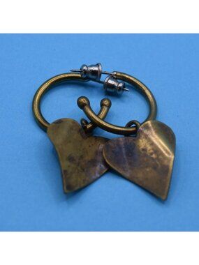 Vintage Brass Heart-Shaped Dangle Hoop Earrings With Patina Finish Rustic Charm